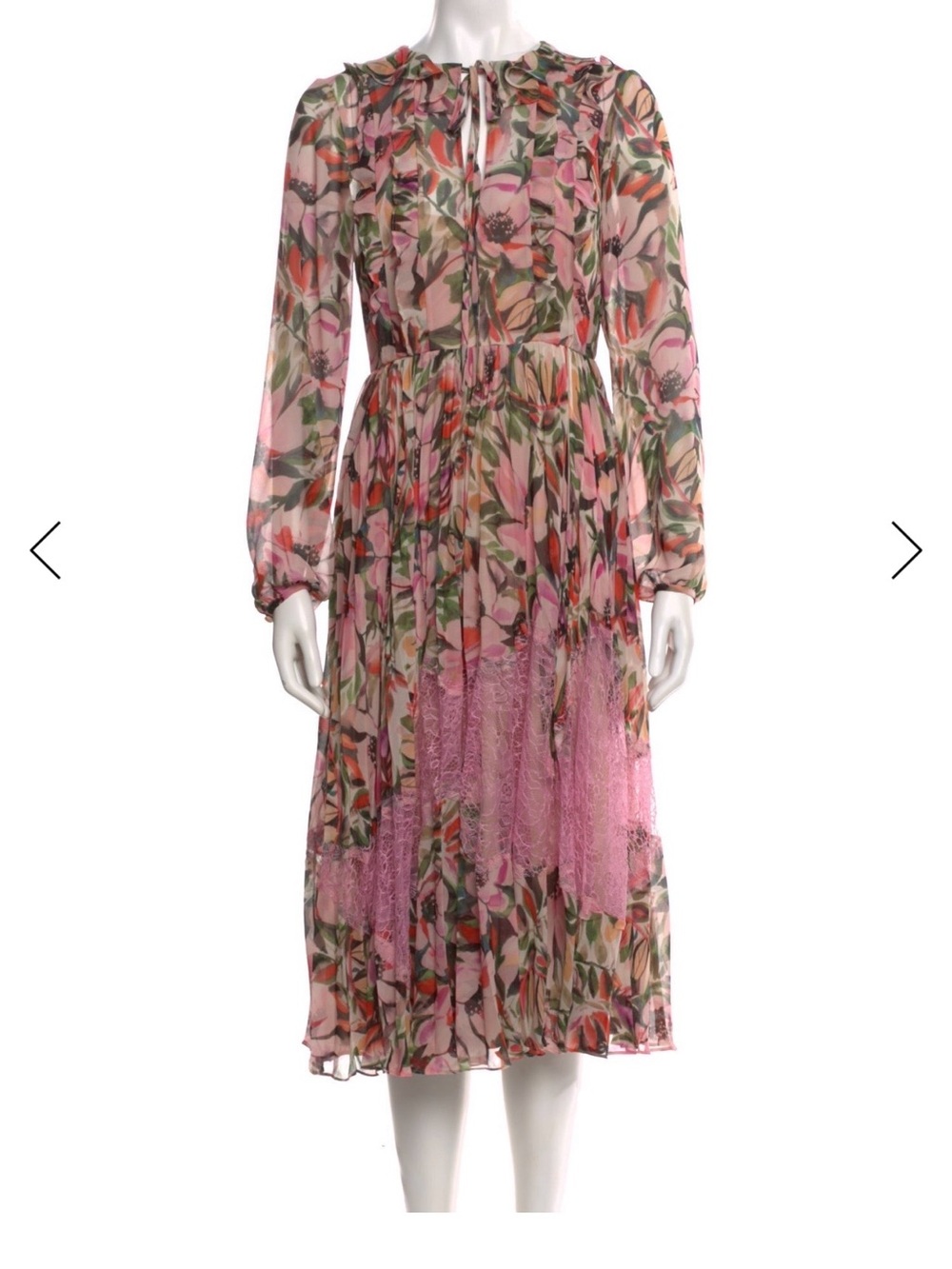 Mikael Aghal Pink Floral Long-Sleeve Lace-Panel Midi Dress